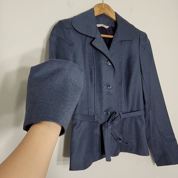 Jocardi Vintage Blue 100% Wool Button-Down Tie Waist Flat Collar Jacket Size 6 - Picture 8 of 10